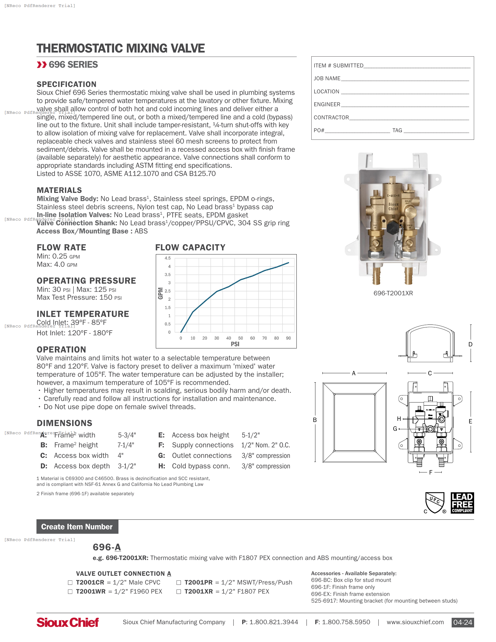 696 SERIES - THERMOSTATIC MIXING VALVE - SPEC SHEET.PDF Specification Document